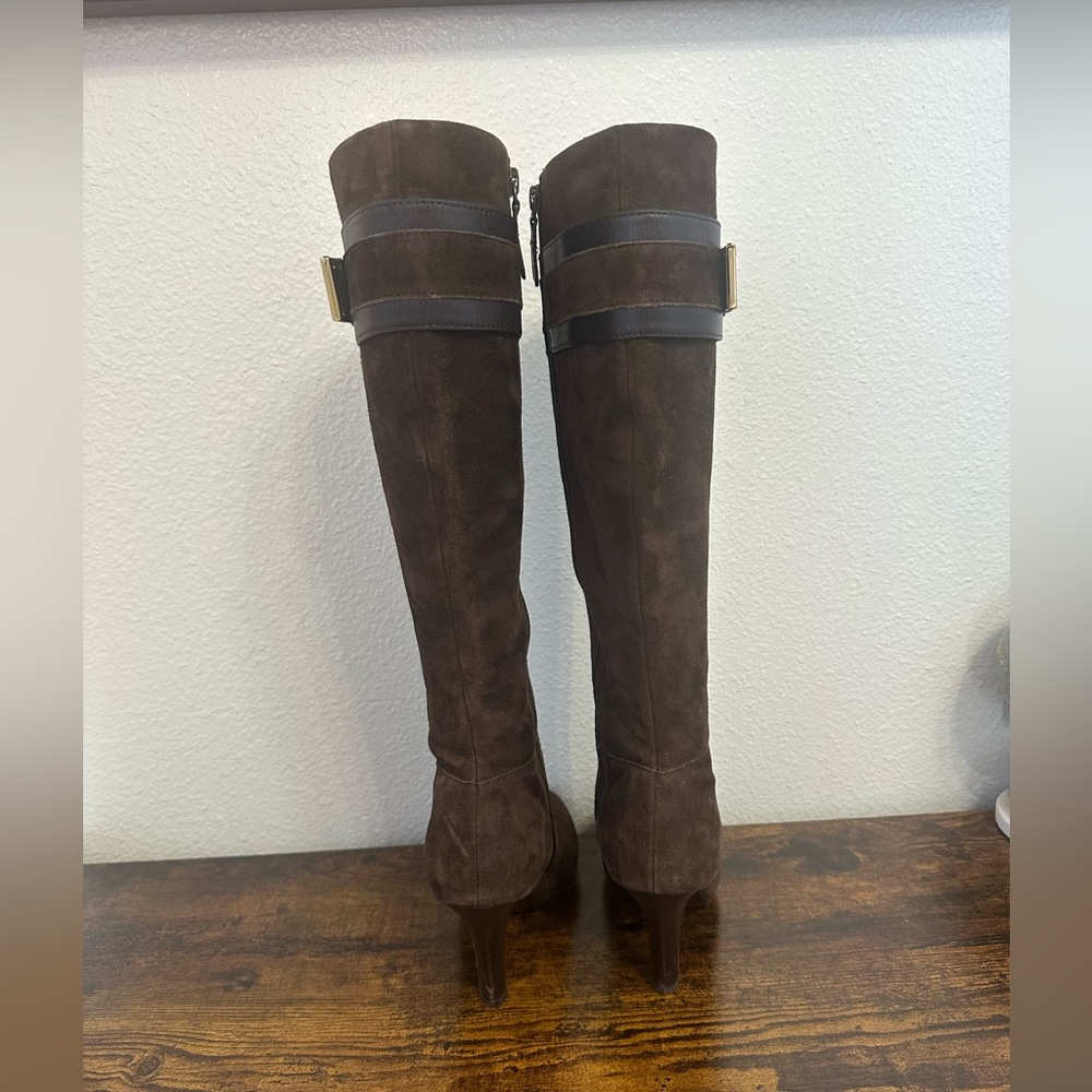 Cole Haan Dark Brown Suede Knee-High Heeled Boots with Gold Buckle - Picture 6 of 16